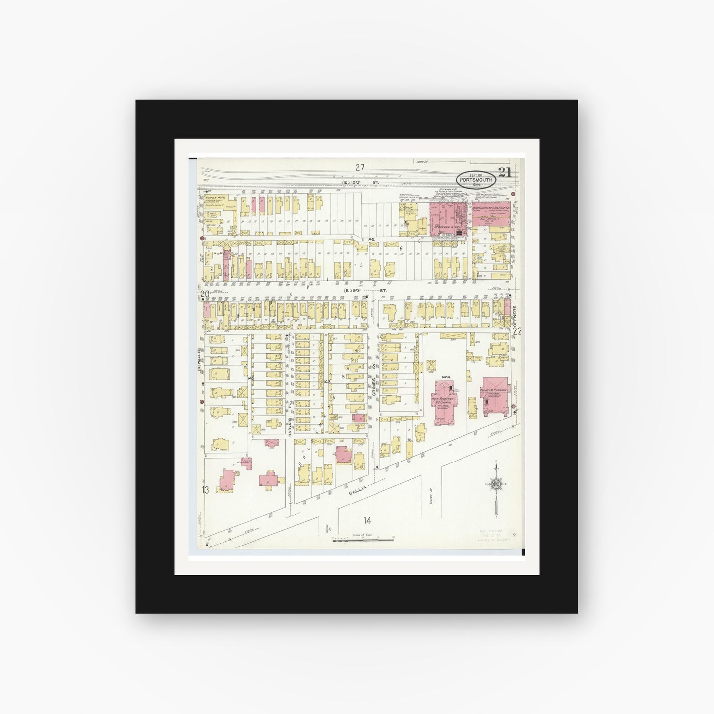 Old map wall art mockup — black gallery frame with white mat — Sanborn Fire Insurance Map from Portsmouth, Scioto County, Ohio (1911), Sheet #0021