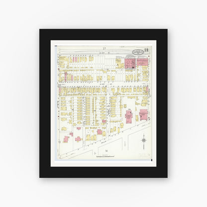 Old map wall art mockup — black gallery frame with white mat — Sanborn Fire Insurance Map from Portsmouth, Scioto County, Ohio (1911), Sheet #0021