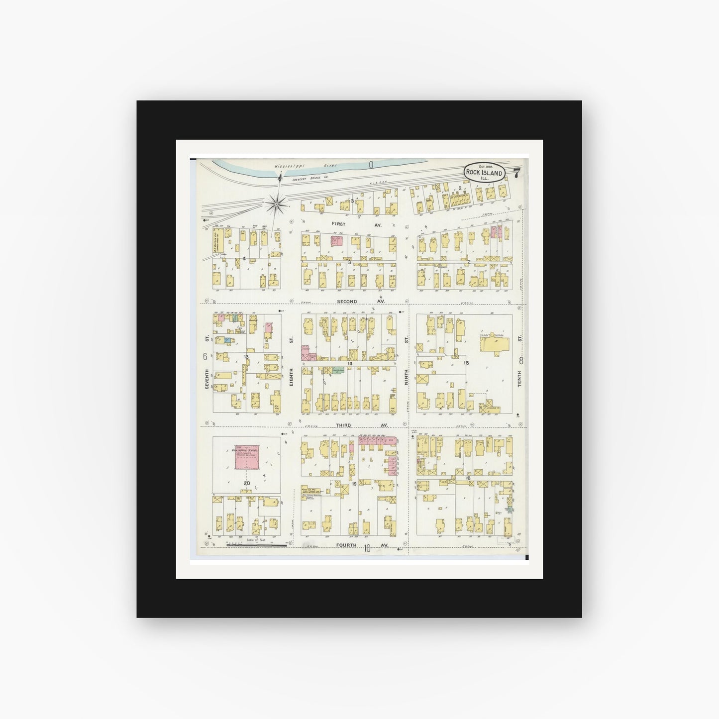 Old map wall art mockup — black gallery frame with white mat — Sanborn Fire Insurance Map from Rock Island, Rock Island County, Illinois (1898), Sheet #0007