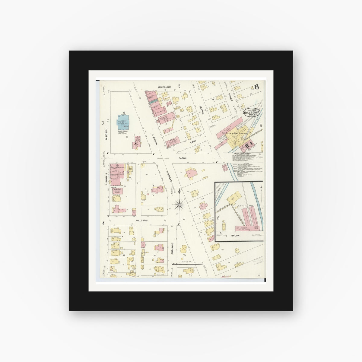 Old map wall art mockup — black gallery frame with white mat — Sanborn Fire Insurance Map from Hillsdale, Hillsdale County, Michigan (1907), Sheet #0006