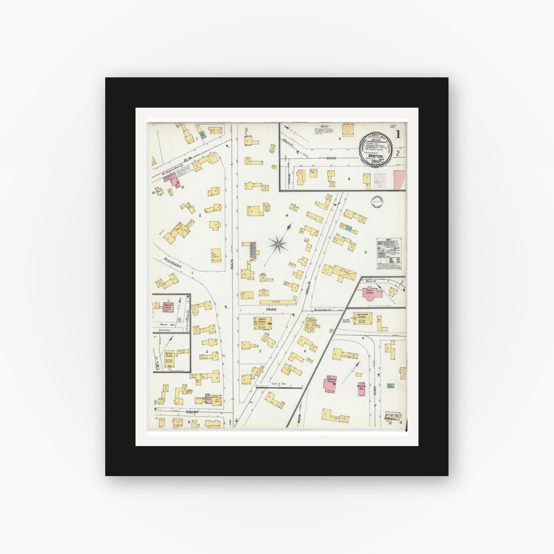 Old map wall art mockup — black gallery frame with white mat — Sanborn Fire Insurance Map from Groton, Middlesex County, Massachusetts (1901) - Complete Map Set