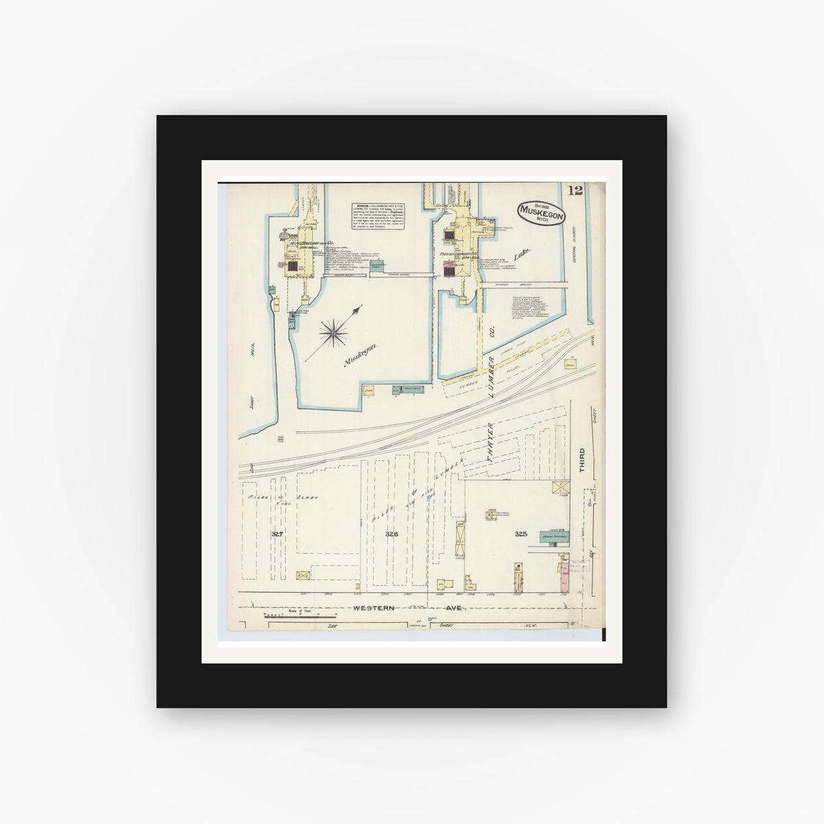 Old map wall art mockup — black gallery frame with white mat — Sanborn Fire Insurance Map from Muskegon, Muskegon County, Michigan (1883), Sheet #0012