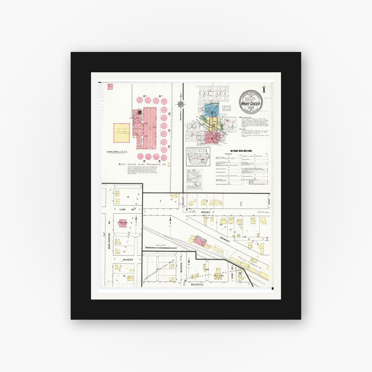 Old map wall art mockup — black gallery frame with white mat — Sanborn Fire Insurance Map from What Cheer, Keokuk County, Iowa (1916) â€” Complete Set