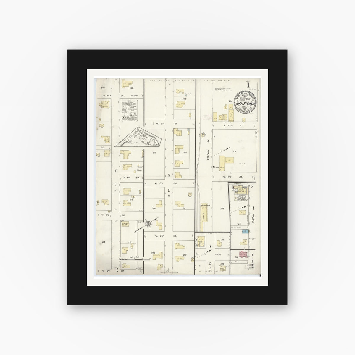 Old map wall art mockup — black gallery frame with white mat — Sanborn Fire Insurance Map from High Springs, Alachua County, Florida (1913), Sheet #0001