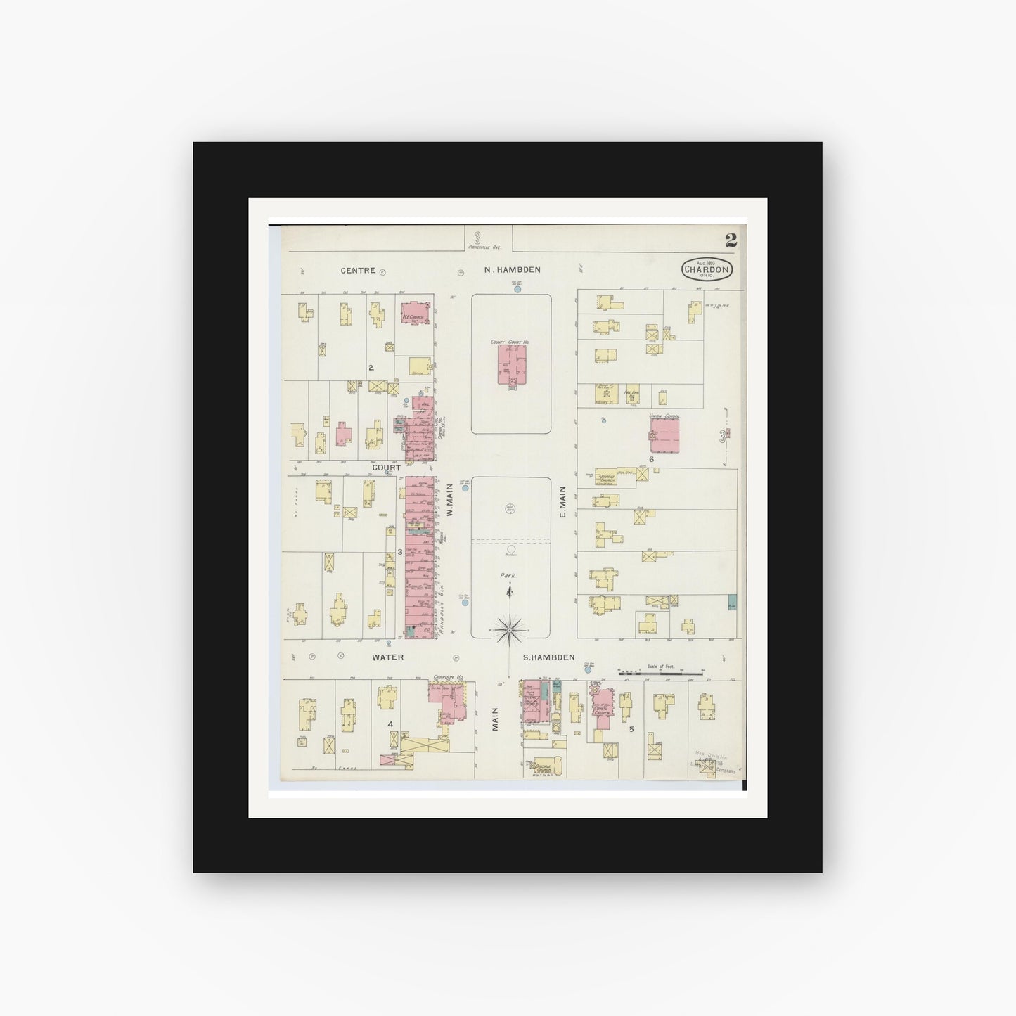 Old map wall art mockup — black gallery frame with white mat — Sanborn Fire Insurance Map from Chardon, Geauga County, Ohio (1893), Sheet #0002