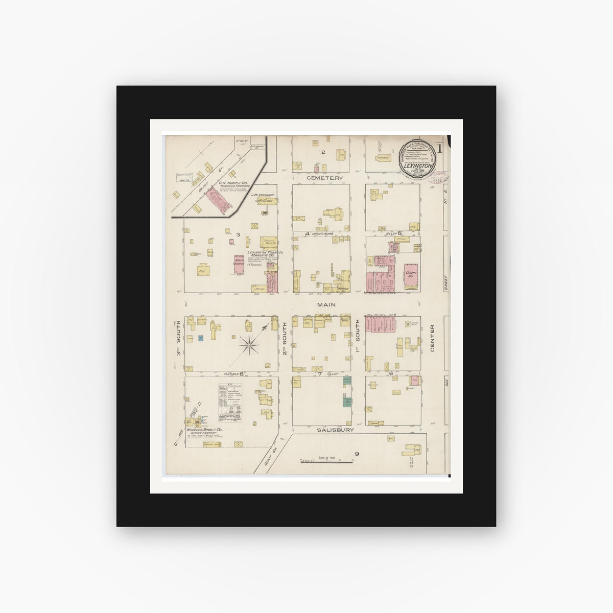Old map wall art mockup — black gallery frame with white mat — Sanborn Fire Insurance Map from Lexington, Davidson County, North Carolina (1885) - Complete Map Set