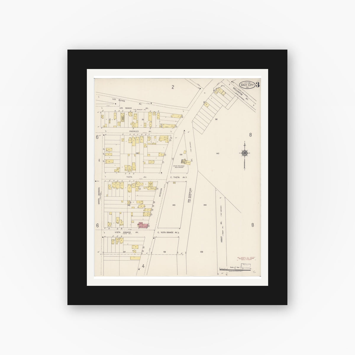 Old map wall art mockup — black gallery frame with white mat — Sanborn Fire Insurance Map from Daly City, San Mateo County, California (1918), Sheet #0003