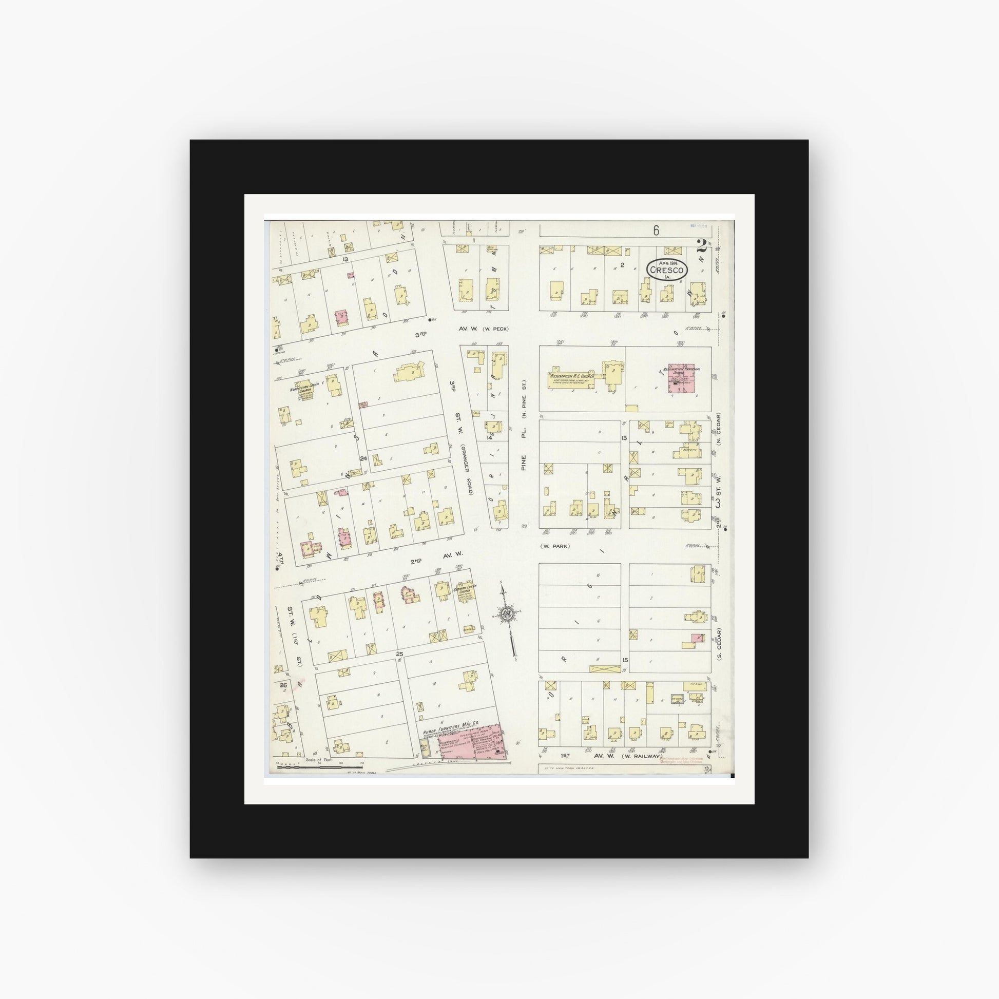 Old map wall art mockup — black gallery frame with white mat — Sanborn Fire Insurance Map from Cresco, Howard County, Iowa (1914), Sheet #0002