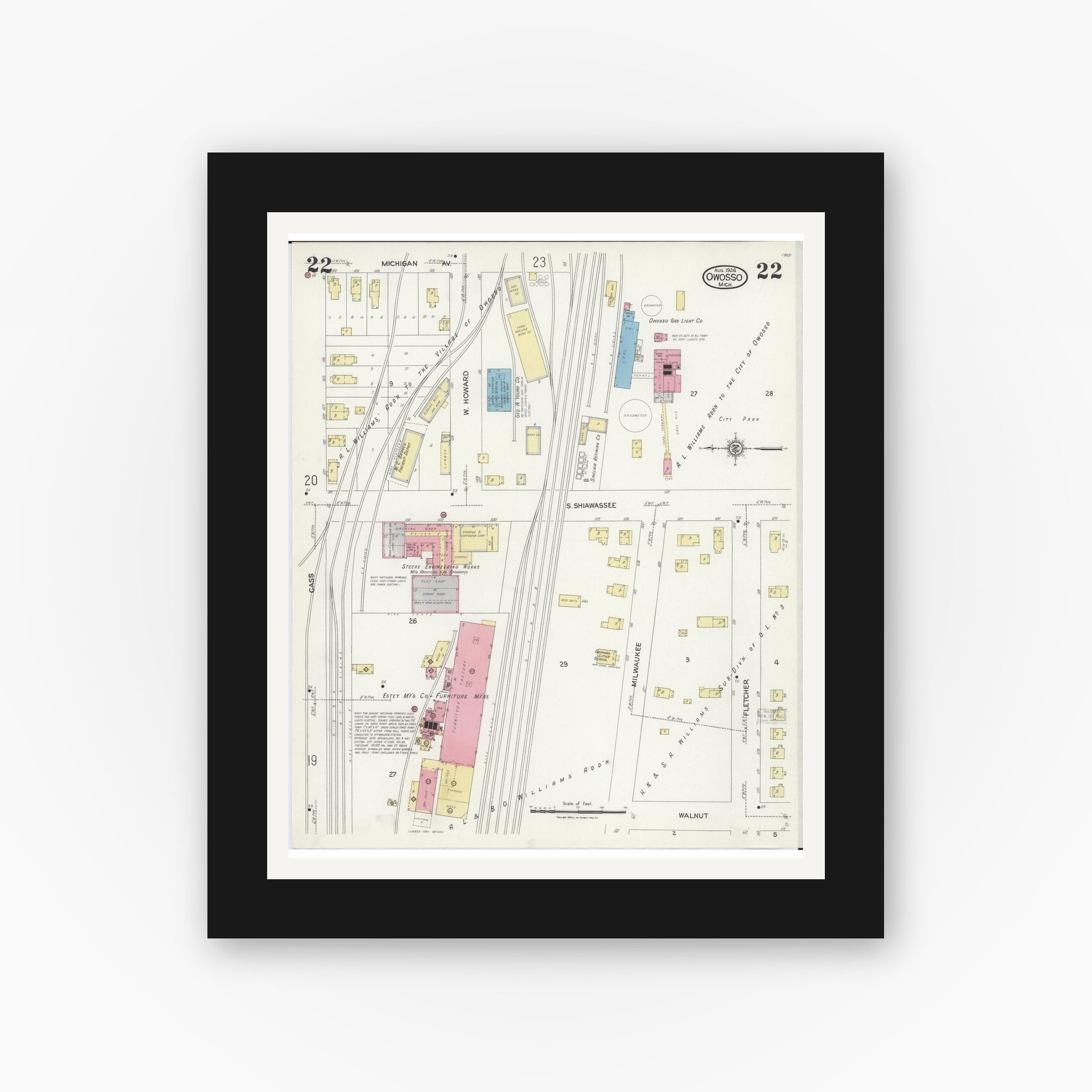 Old map wall art mockup — black gallery frame with white mat — Sanborn Fire Insurance Map from Owosso, Shiawassee County, Michigan (1924), Sheet #0022