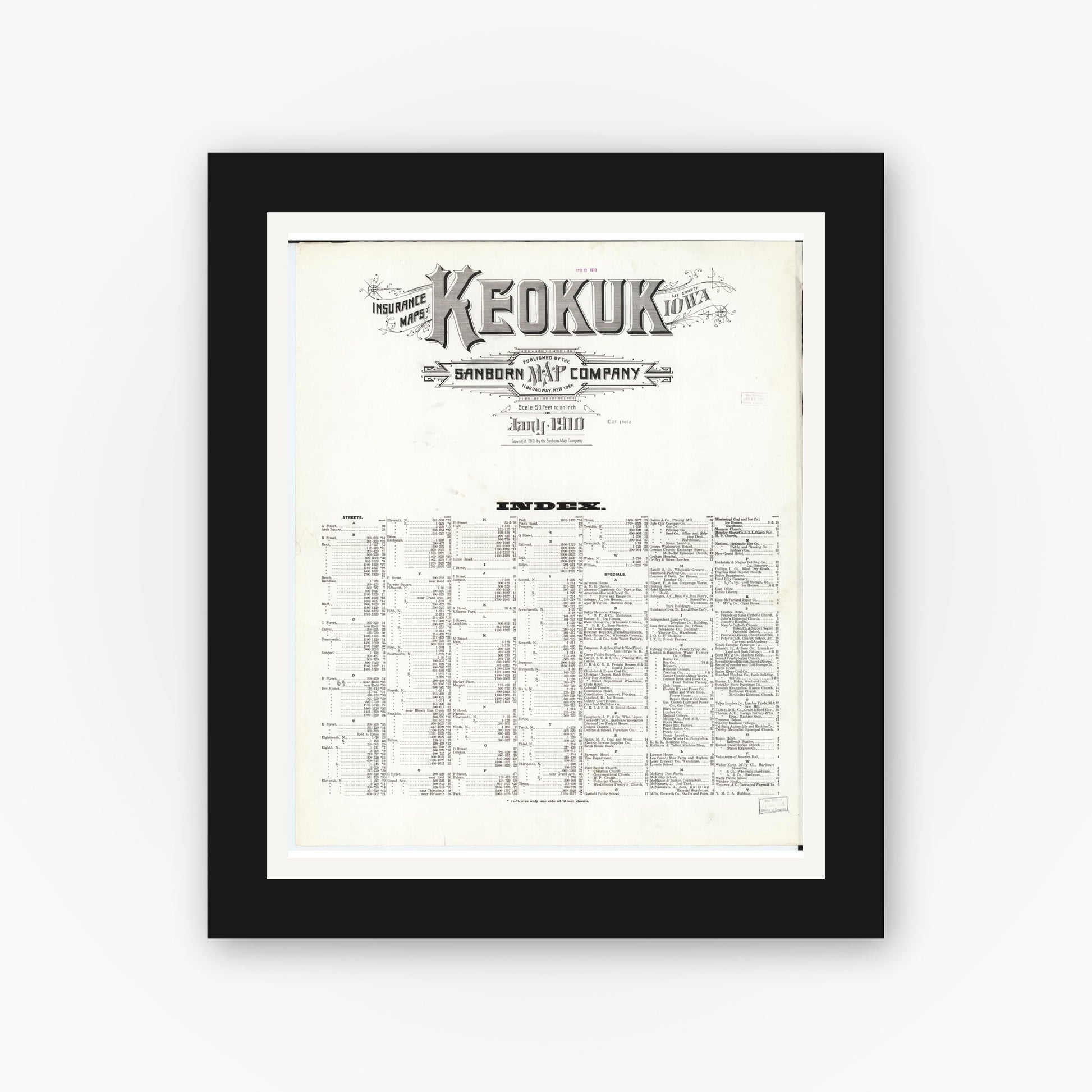 Old map wall art mockup — black gallery frame with white mat — Sanborn Fire Insurance Map from Keokuk, Lee County, Iowa (1910), Sheet #0001