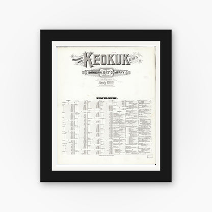 Old map wall art mockup — black gallery frame with white mat — Sanborn Fire Insurance Map from Keokuk, Lee County, Iowa (1910), Sheet #0001