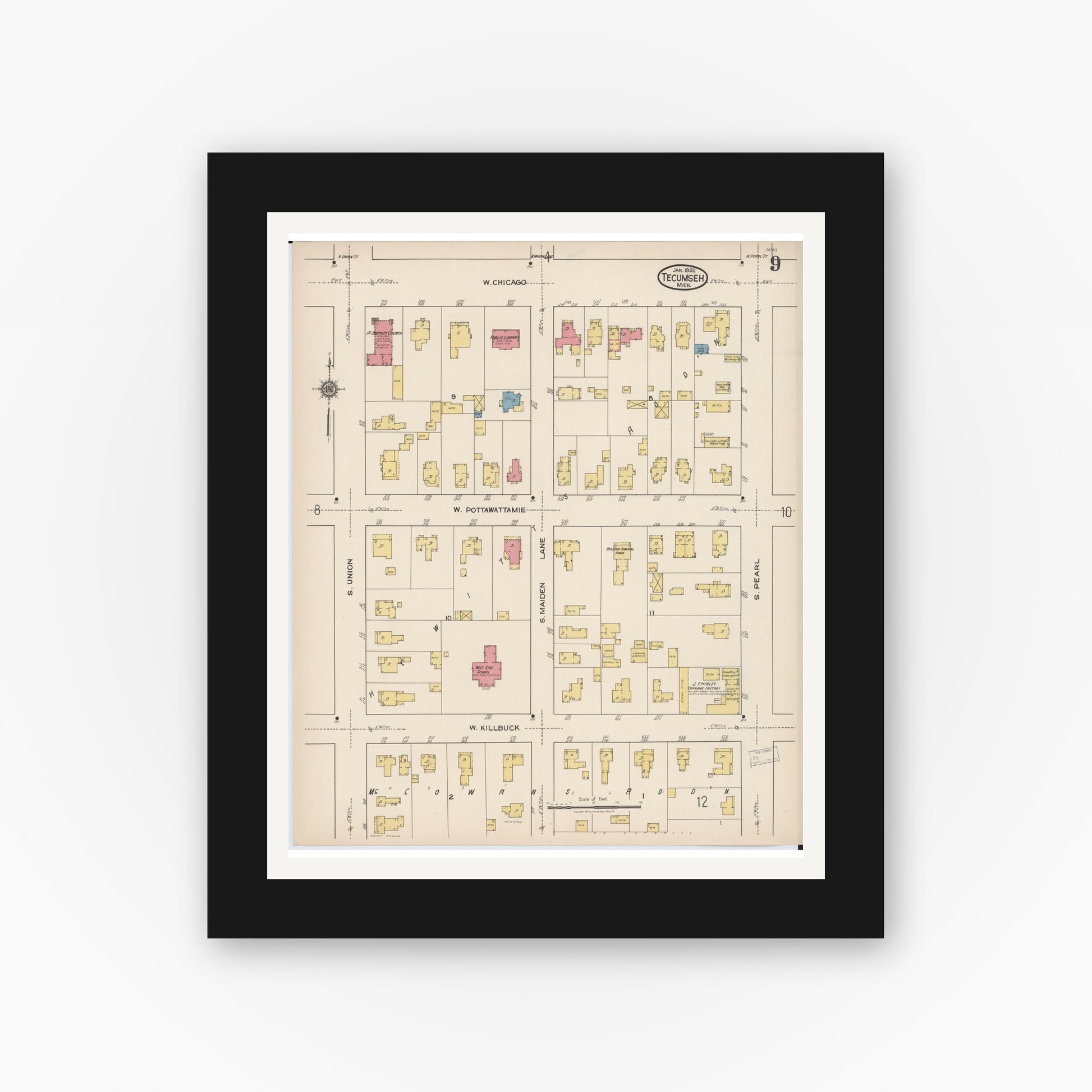 Old map wall art mockup — black gallery frame with white mat — Sanborn Fire Insurance Map from Tecumseh, Lenawee County, Michigan (1922), Sheet #0009