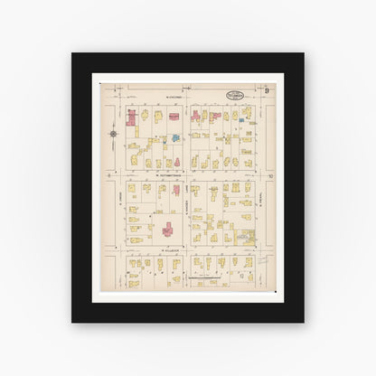 Old map wall art mockup — black gallery frame with white mat — Sanborn Fire Insurance Map from Tecumseh, Lenawee County, Michigan (1922), Sheet #0009