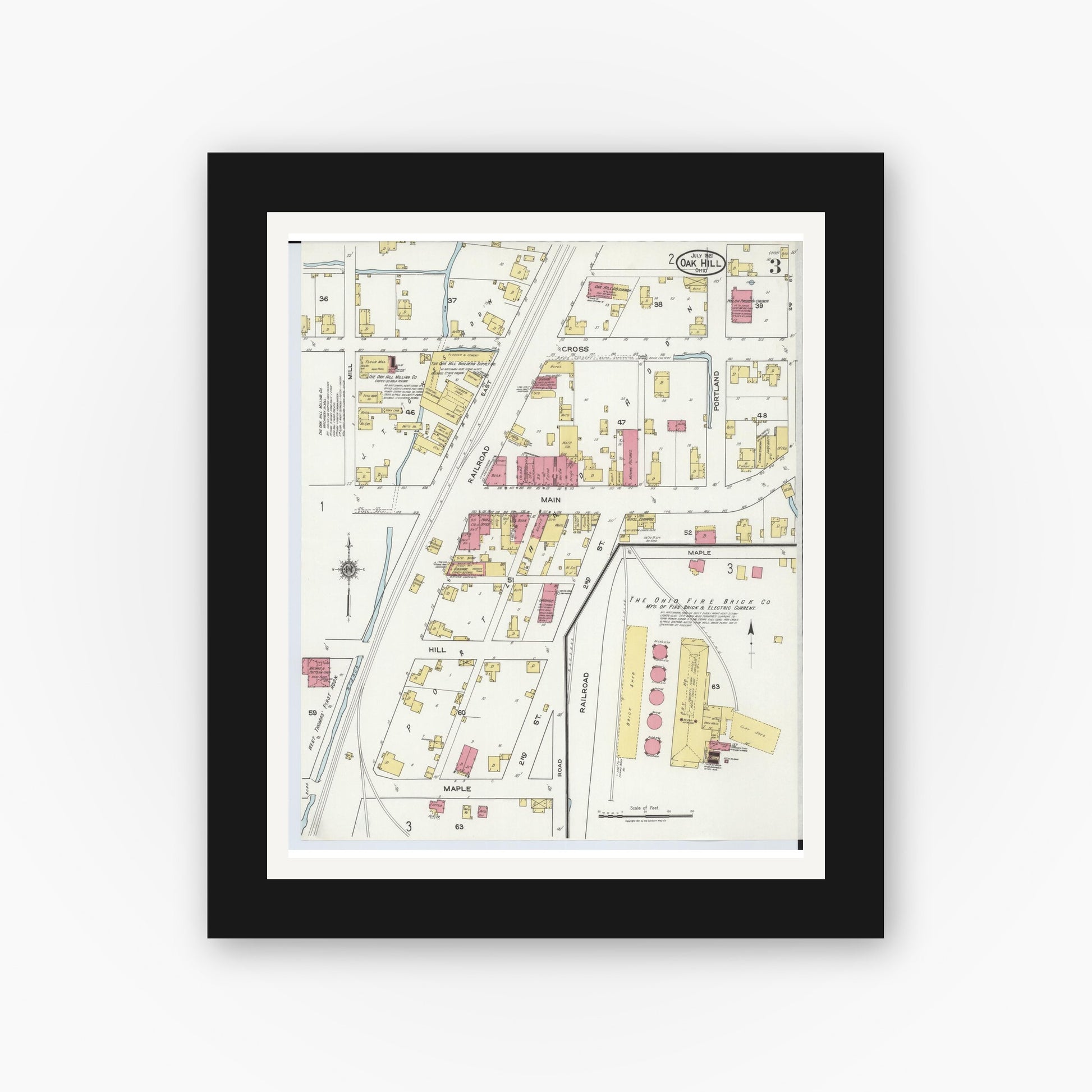 Old map wall art mockup — black gallery frame with white mat — Sanborn Fire Insurance Map from Oak Hill, Jackson County, Ohio (1921), Sheet #0003