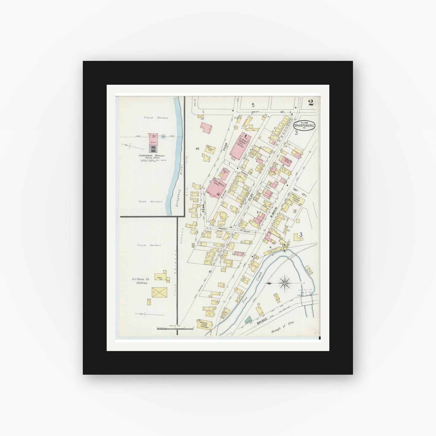 Old map wall art mockup — black gallery frame with white mat — Sanborn Fire Insurance Map from Sharpsburg, Allegheny County, Pennsylvania (1896), Sheet #0002