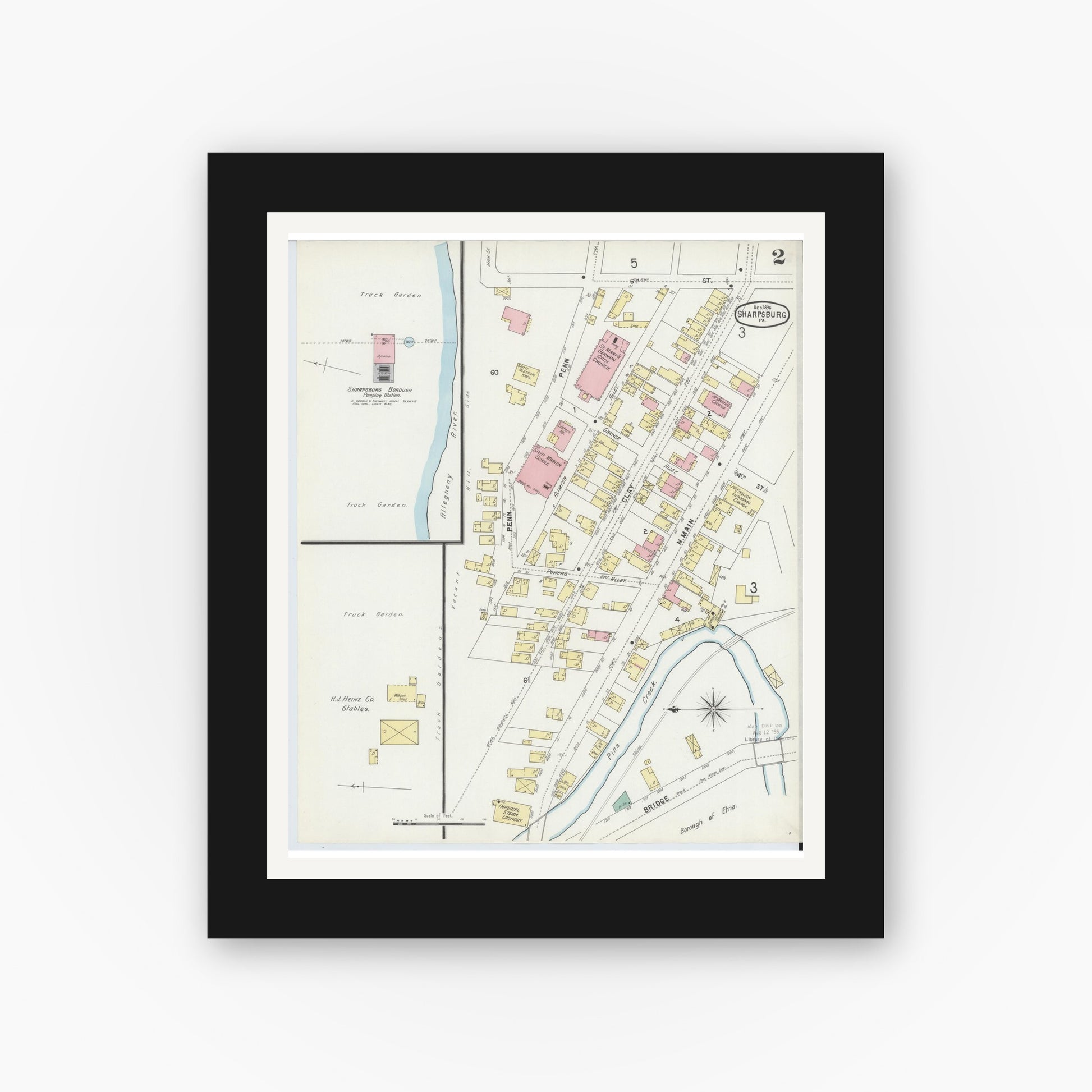 Old map wall art mockup — black gallery frame with white mat — Sanborn Fire Insurance Map from Sharpsburg, Allegheny County, Pennsylvania (1896), Sheet #0002