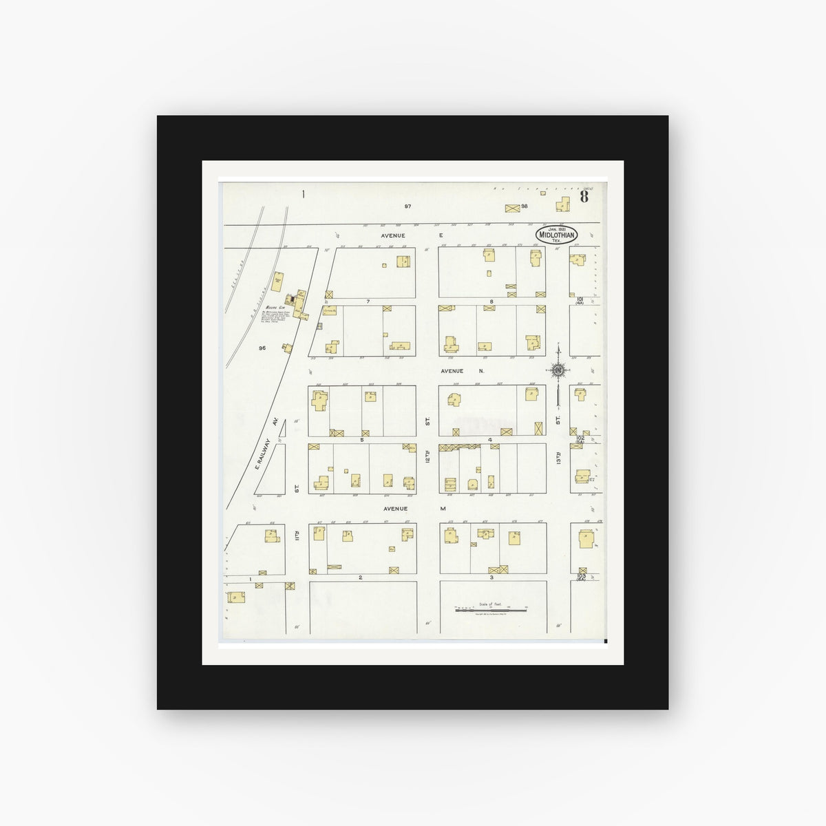 Old map wall art mockup — black gallery frame with white mat — Sanborn Fire Insurance Map from Midlothian, Ellis County, Texas (1921), Sheet #0008