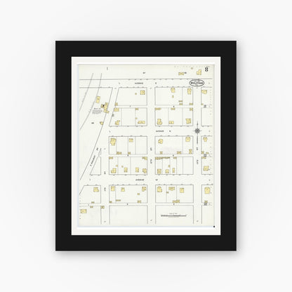 Old map wall art mockup — black gallery frame with white mat — Sanborn Fire Insurance Map from Midlothian, Ellis County, Texas (1921), Sheet #0008