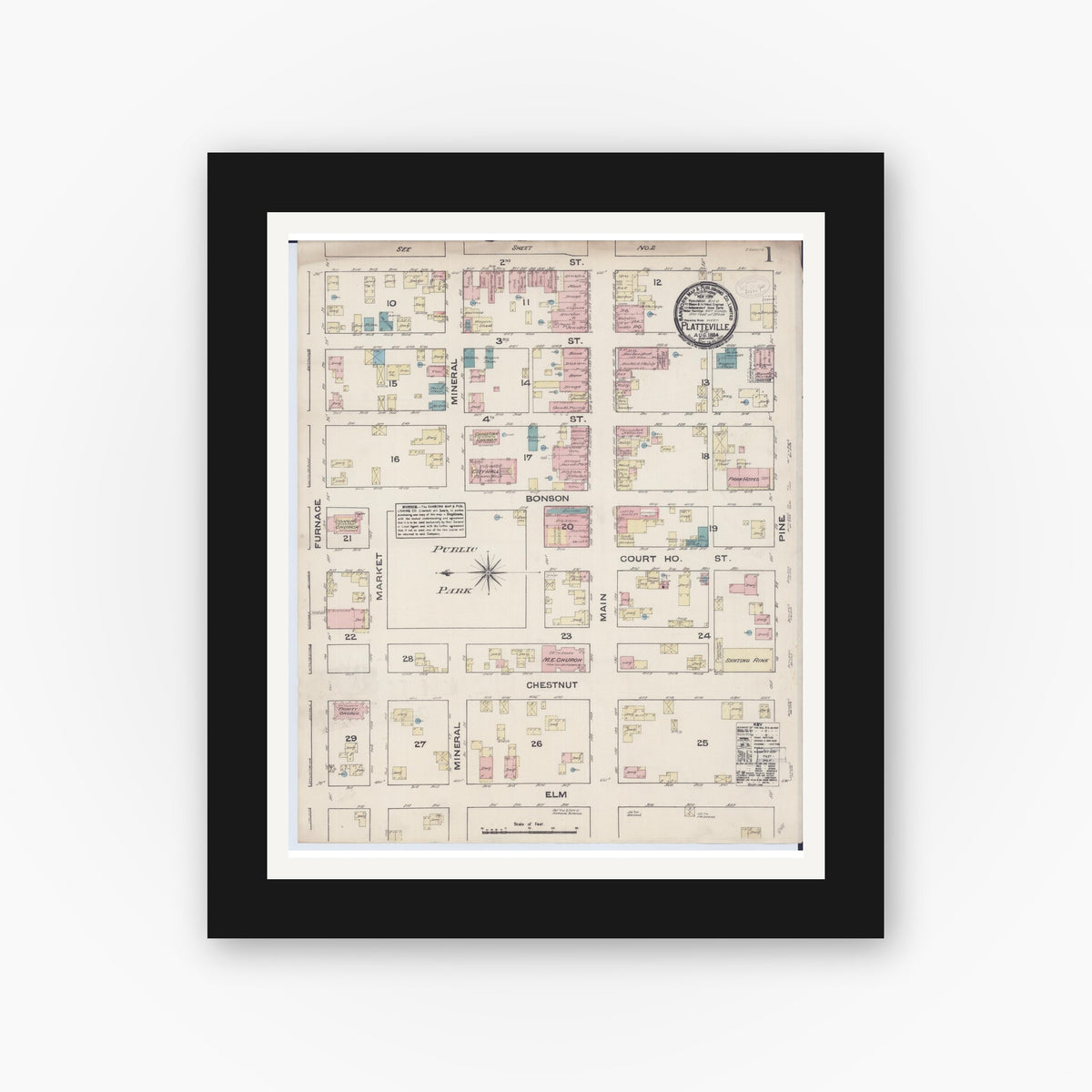 Old map wall art mockup — black gallery frame with white mat — Sanborn Fire Insurance Map from Platteville, Grant County, Wisconsin (1884), Sheet #0001