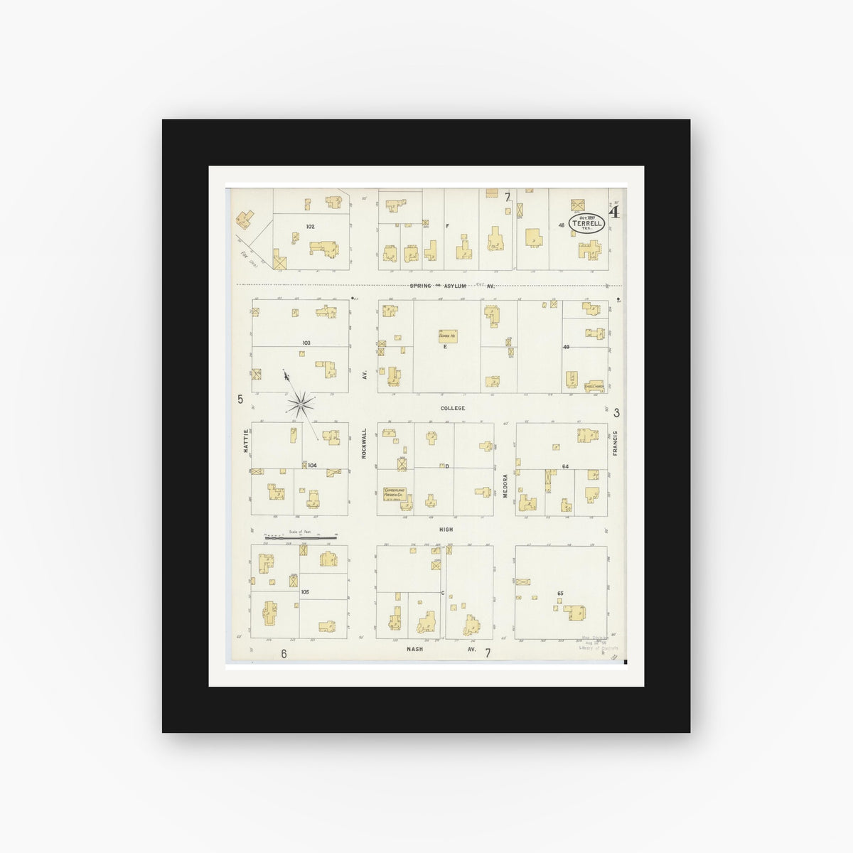 Old map wall art mockup — black gallery frame with white mat — Sanborn Fire Insurance Map from Terrell, Kaufman County, Texas (1897), Sheet #0004
