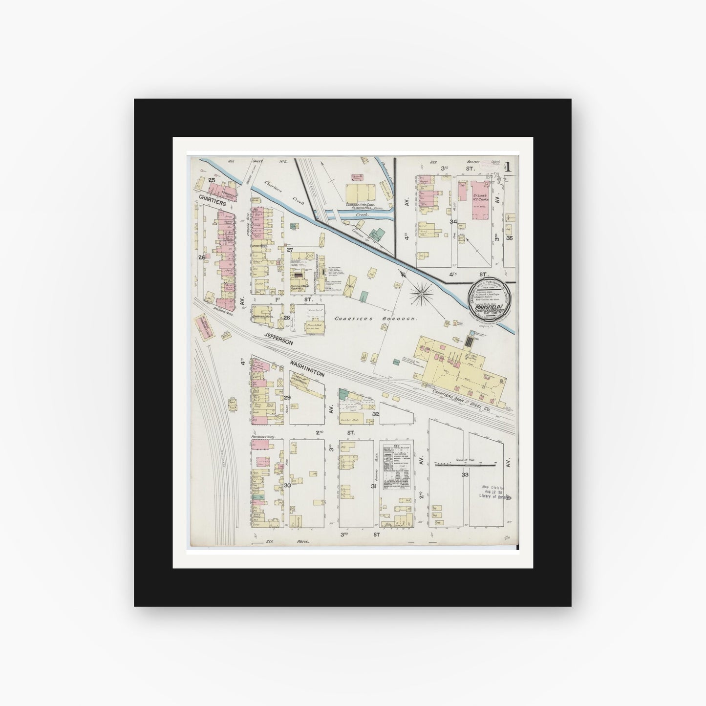 Old map wall art mockup — black gallery frame with white mat — Sanborn Fire Insurance Map from Mansfield Borough, Allegheny County, Pennsylvania (1889) - Complete Map Set