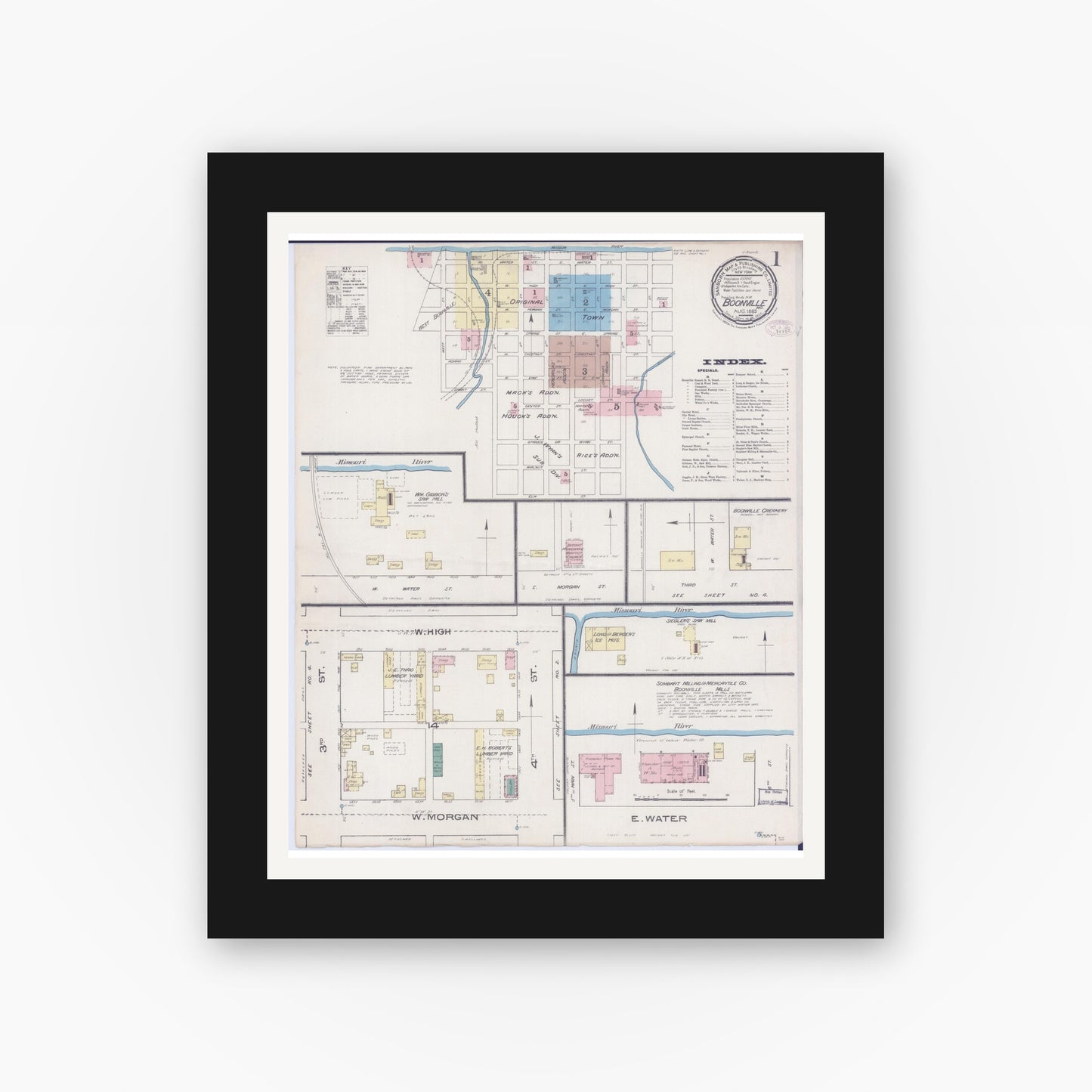 Old map wall art mockup — black gallery frame with white mat — Sanborn Fire Insurance Map from Boonville, Cooper County, Missouri (1885) - Complete Map Set
