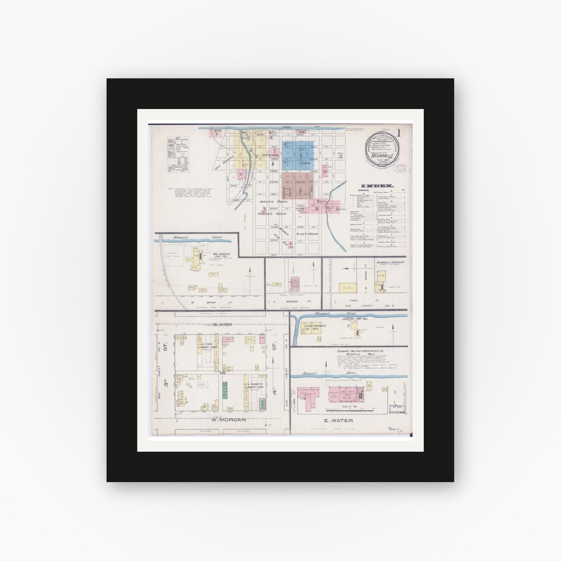 Old map wall art mockup — black gallery frame with white mat — Sanborn Fire Insurance Map from Boonville, Cooper County, Missouri (1885) - Complete Map Set