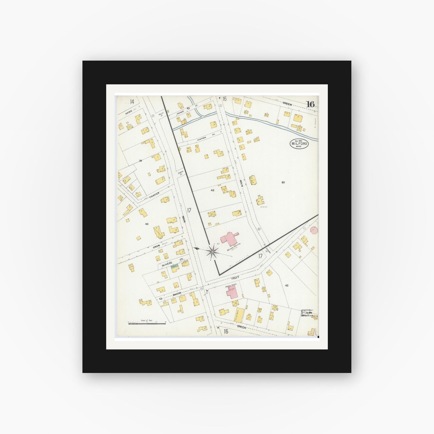 Old map wall art mockup — black gallery frame with white mat — Sanborn Fire Insurance Map from Milford, Worcester County, Massachusetts (1903), Sheet #0016