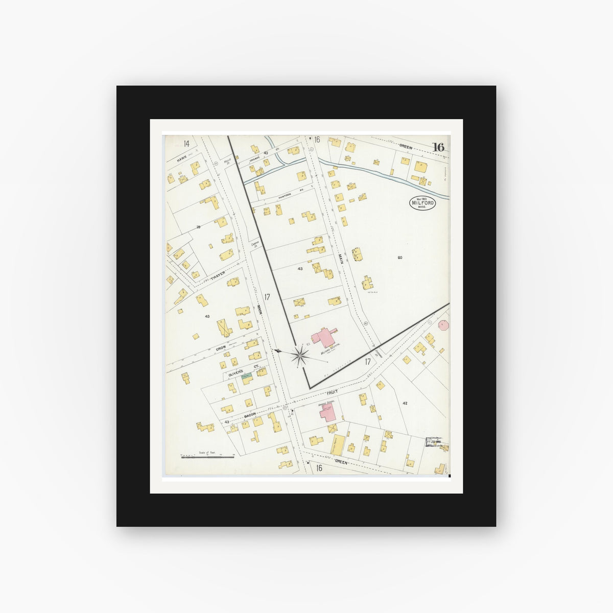 Old map wall art mockup — black gallery frame with white mat — Sanborn Fire Insurance Map from Milford, Worcester County, Massachusetts (1903), Sheet #0016