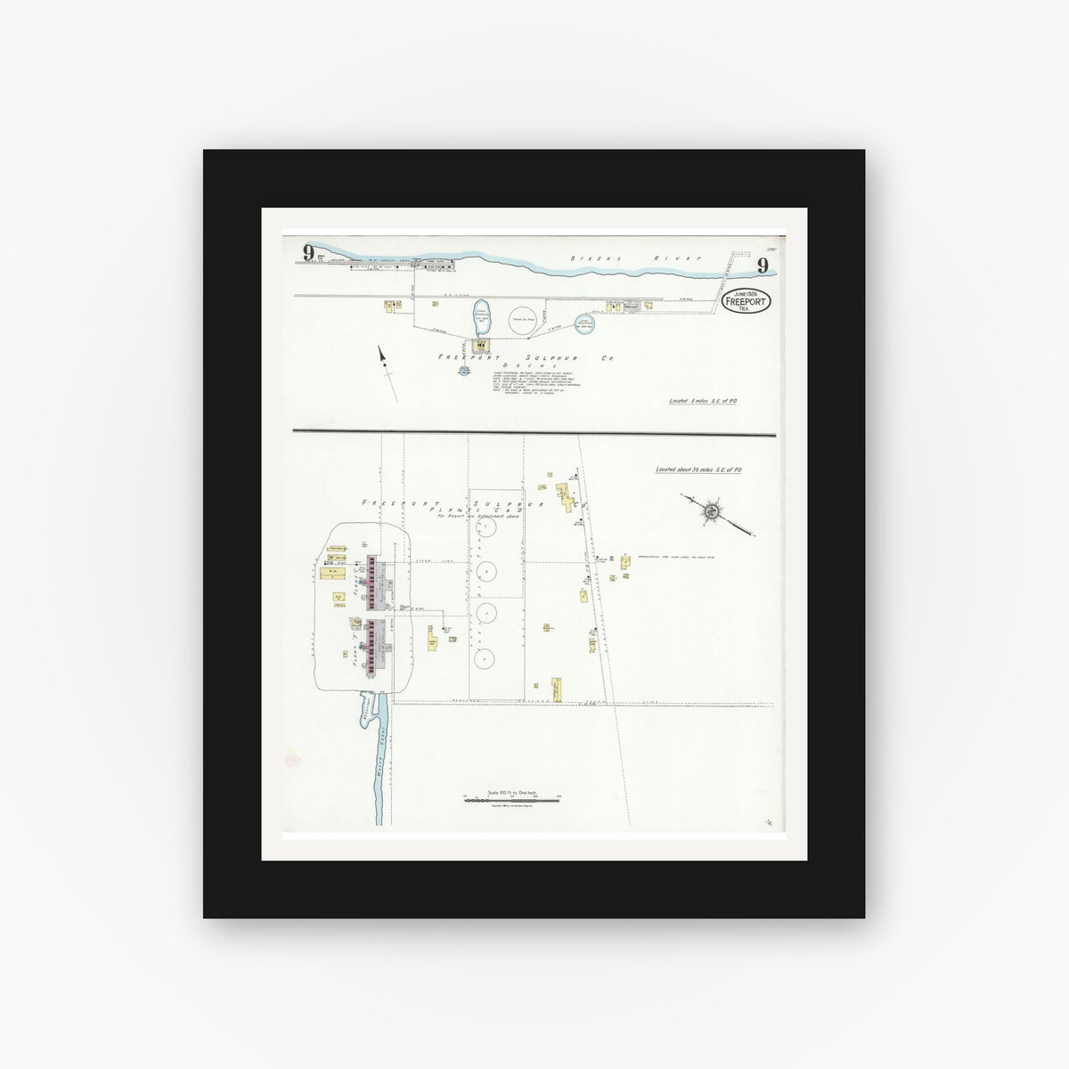 Old map wall art mockup — black gallery frame with white mat — Sanborn Fire Insurance Map from Freeport, Brazoria County, Texas (1926), Sheet #0009
