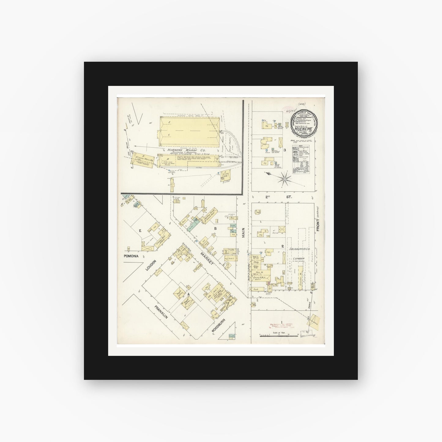 Old map wall art mockup — black gallery frame with white mat — Sanborn Fire Insurance Map from Hueneme, Ventura County, California (1890), Sheet #0001
