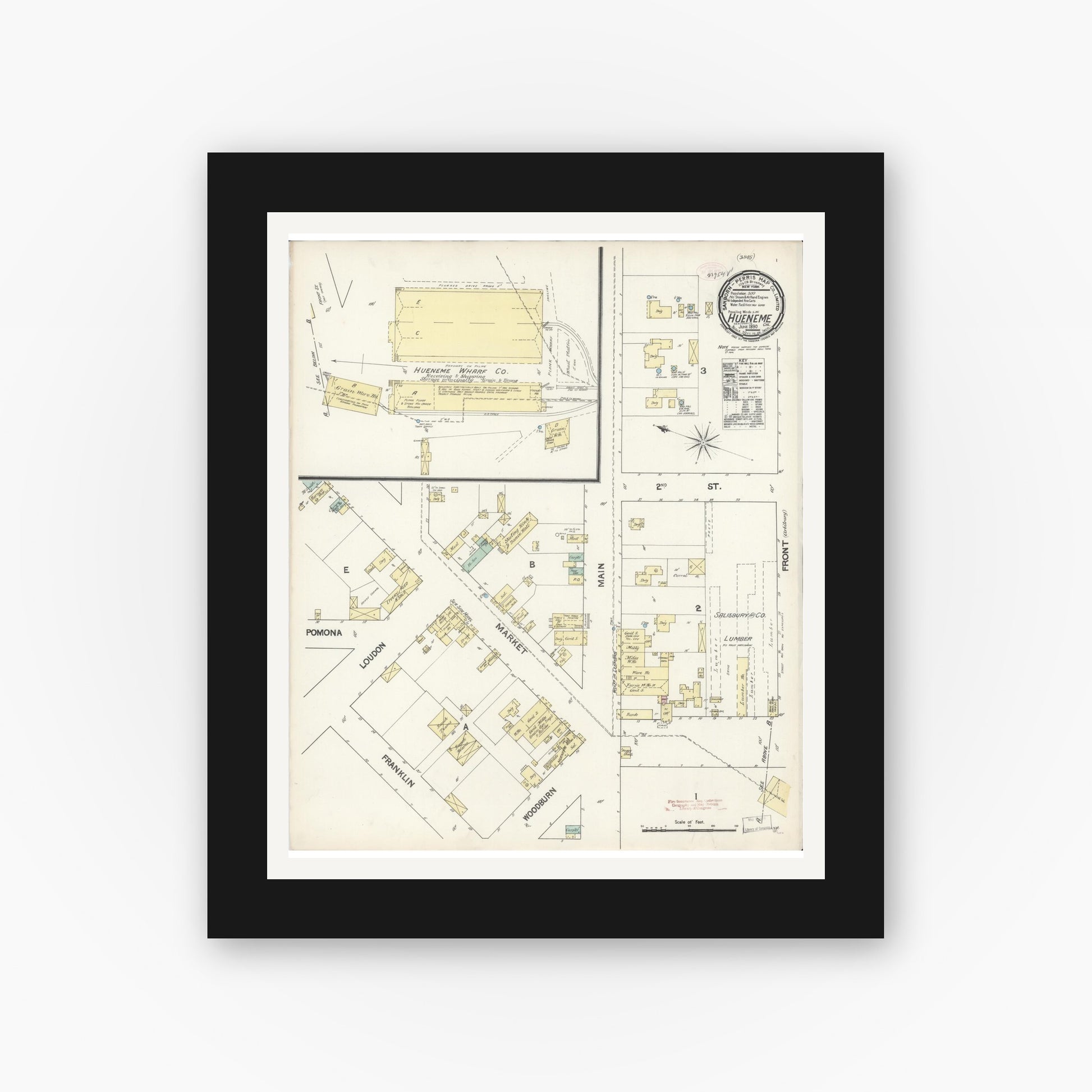 Old map wall art mockup — black gallery frame with white mat — Sanborn Fire Insurance Map from Hueneme, Ventura County, California (1890), Sheet #0001