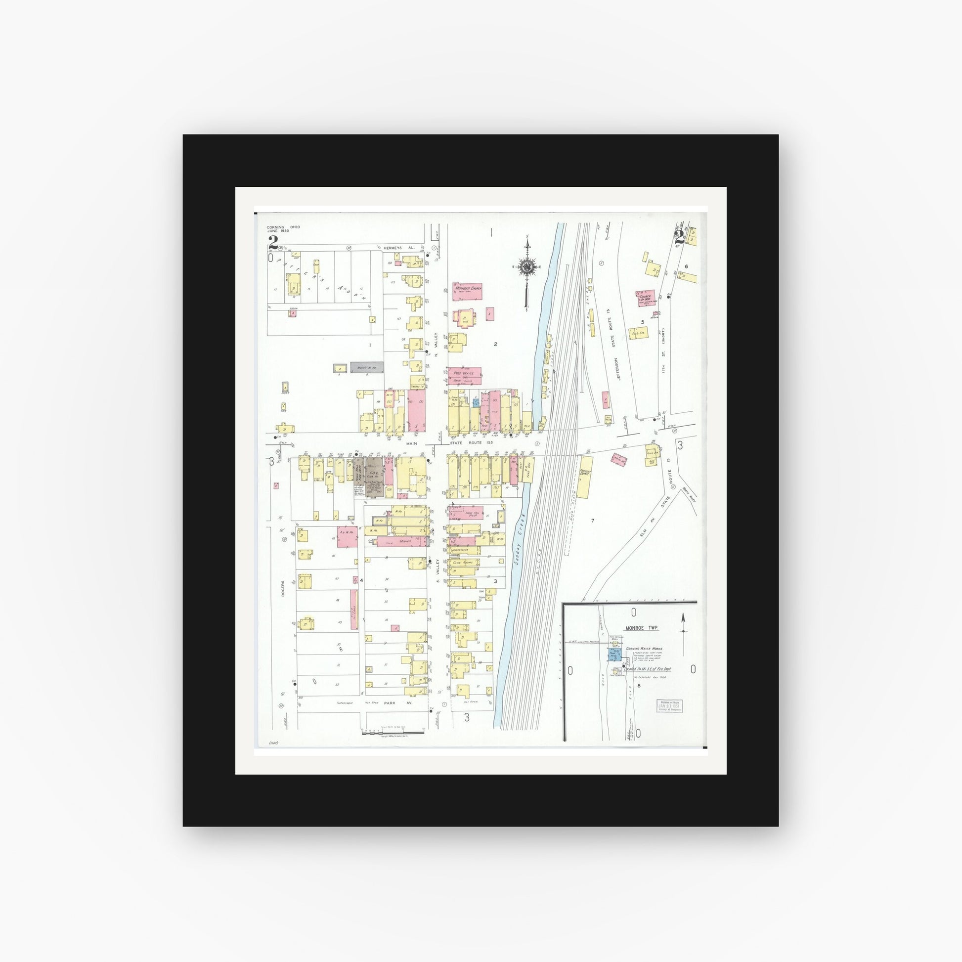 Old map wall art mockup — black gallery frame with white mat — Sanborn Fire Insurance Map from Corning, Perry County, Ohio (1950), Sheet #0002
