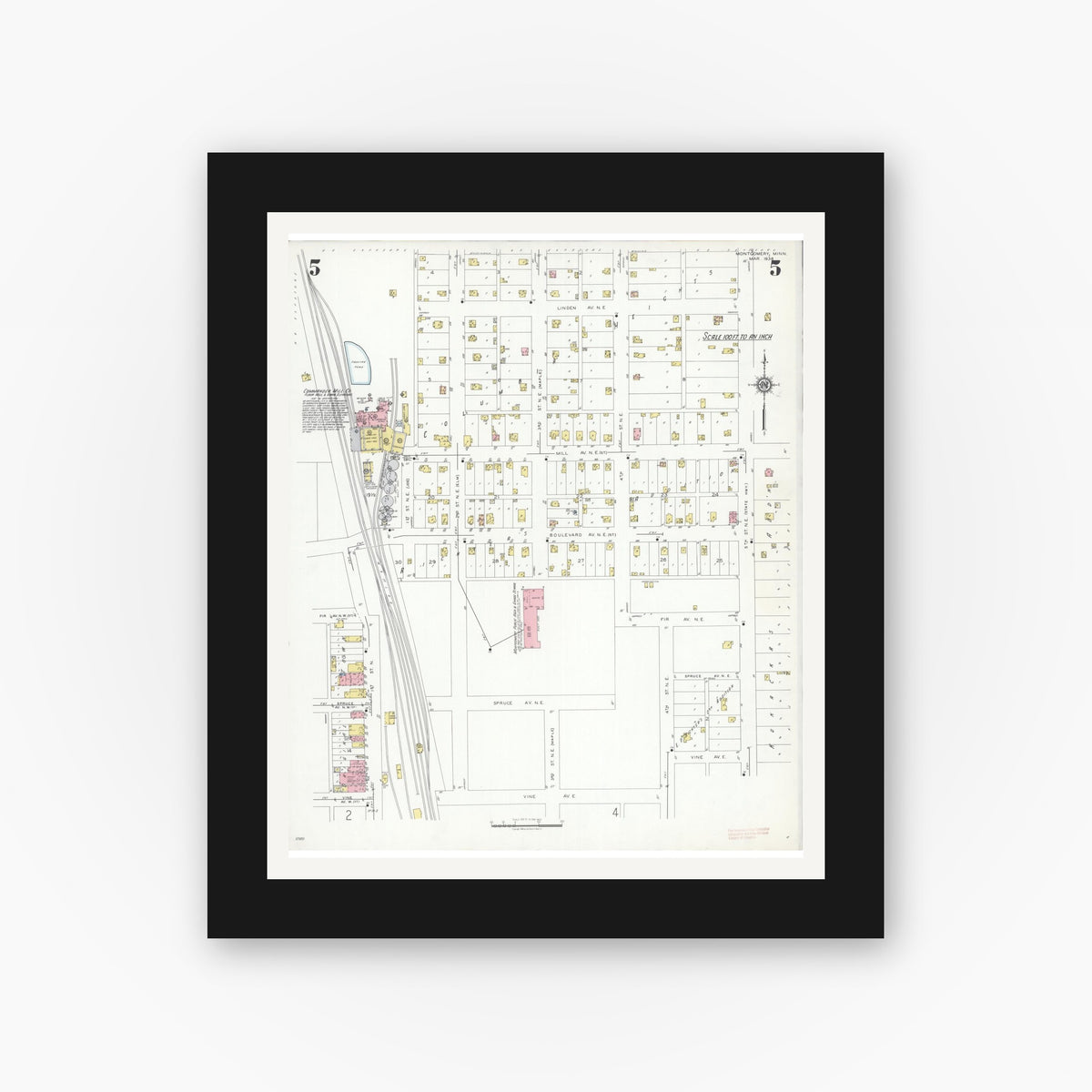 Old map wall art mockup — black gallery frame with white mat — Sanborn Fire Insurance Map from Montgomery, Le Sueur  County, Minnesota (1938), Sheet #0005