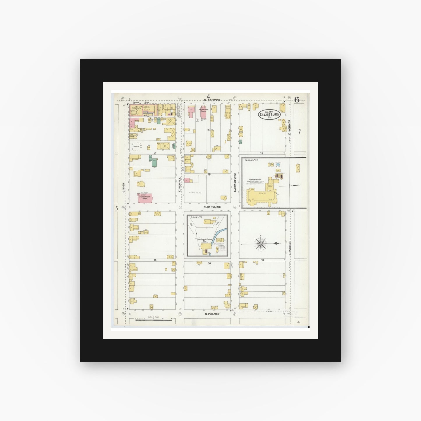 Old map wall art mockup — black gallery frame with white mat — Sanborn Fire Insurance Map from Ebensburg, Cambria County, Pennsylvania (1904), Sheet #0006
