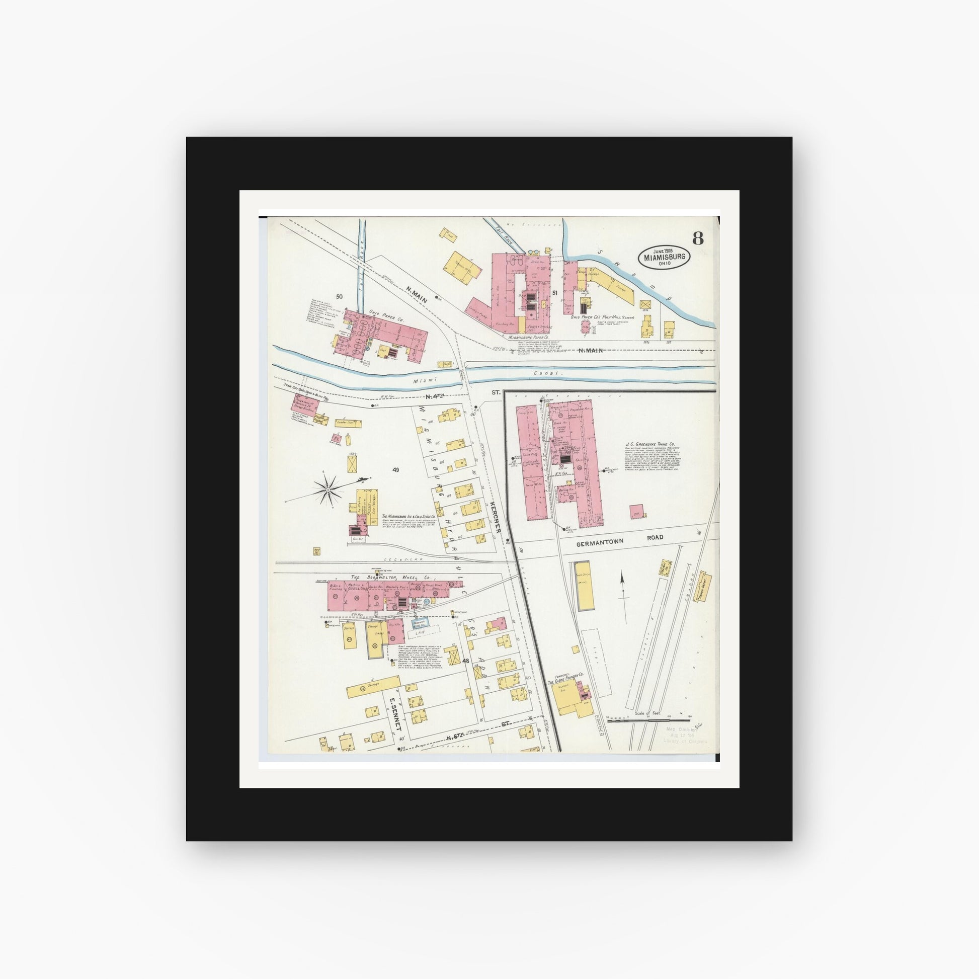 Old map wall art mockup — black gallery frame with white mat — Sanborn Fire Insurance Map from Miamisburg, Montgomery County, Ohio (1905), Sheet #0008