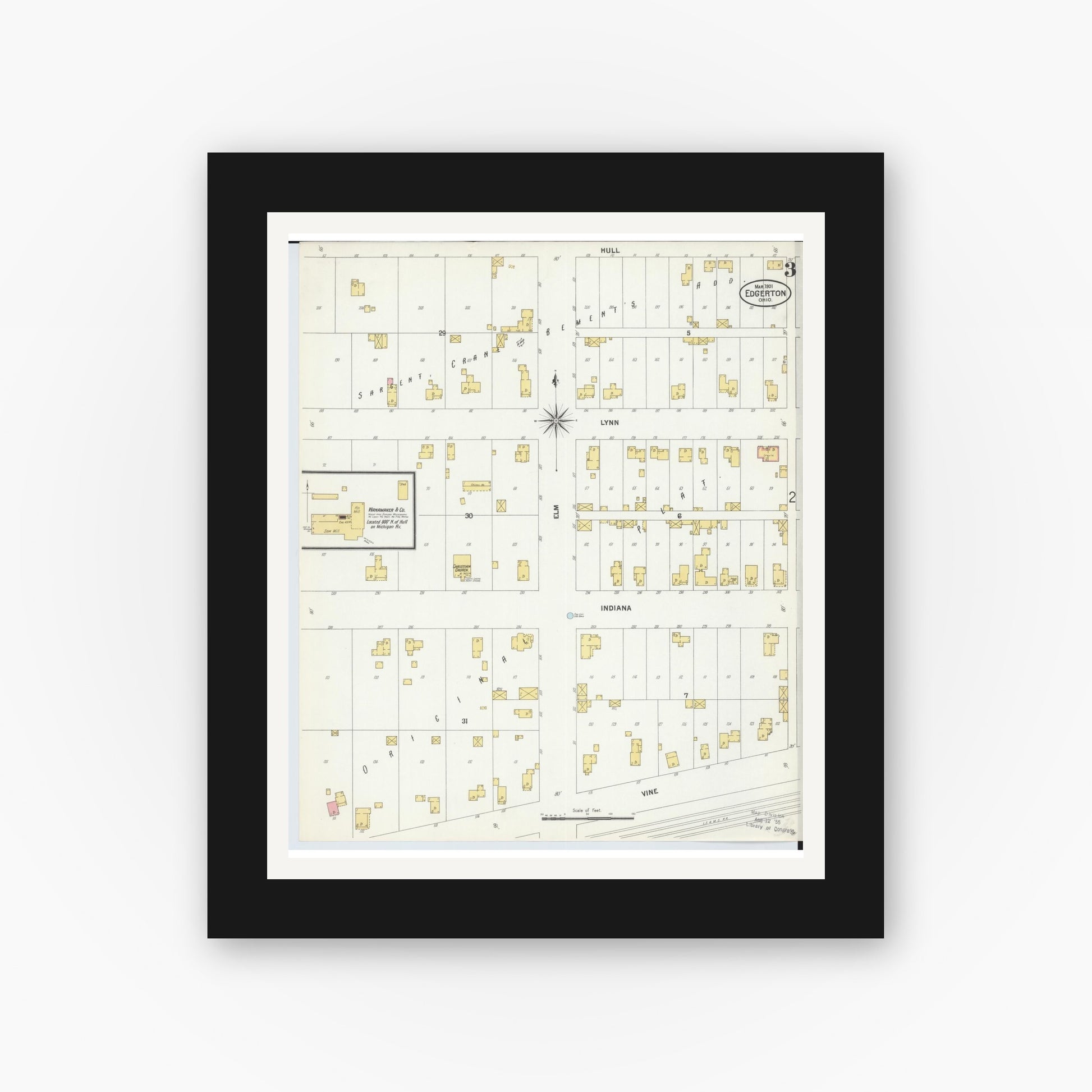 Old map wall art mockup — black gallery frame with white mat — Sanborn Fire Insurance Map from Edgerton, Williams County, Ohio (1901), Sheet #0003