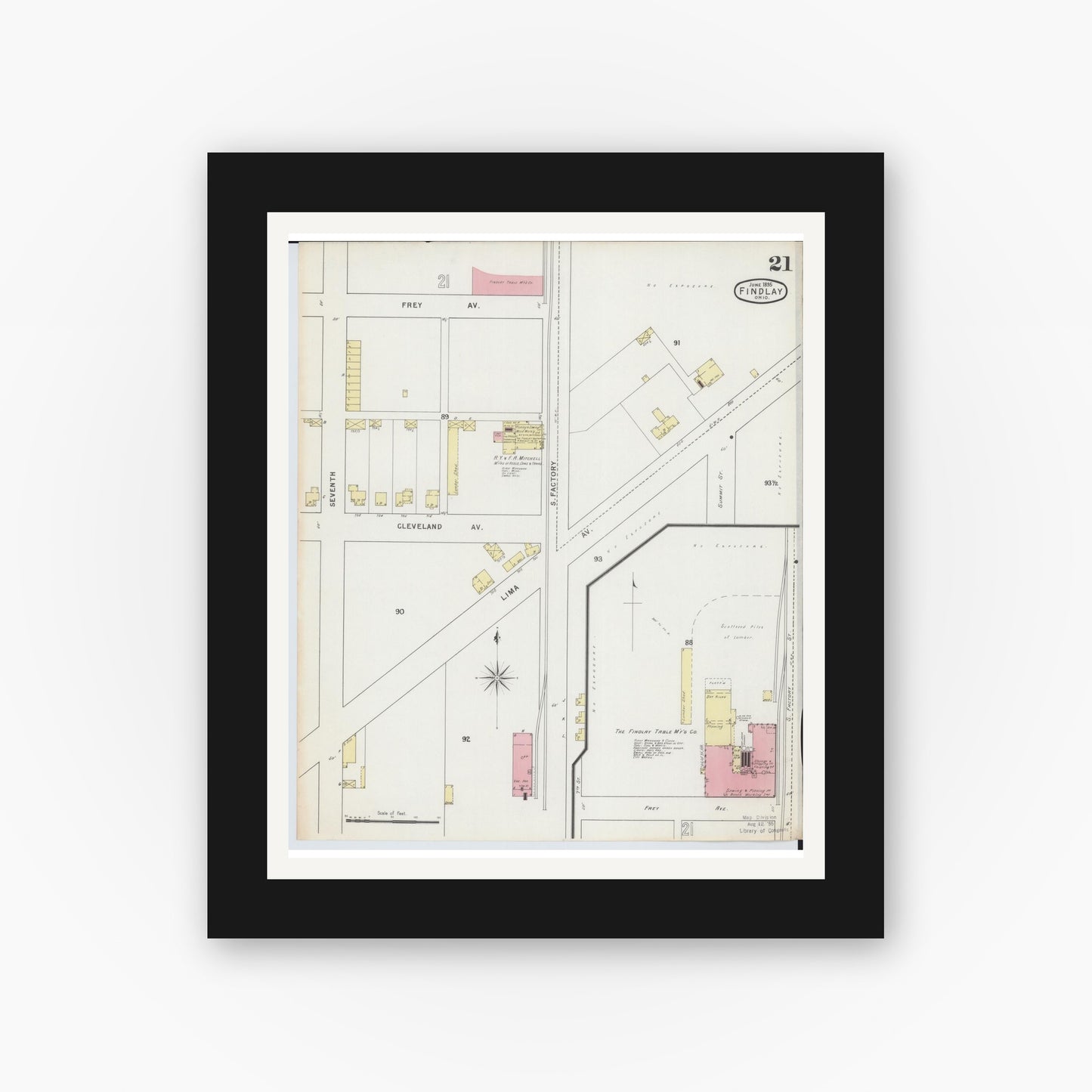 Old map wall art mockup — black gallery frame with white mat — Sanborn Fire Insurance Map from Findlay, Hancock County, Ohio (1895), Sheet #0021