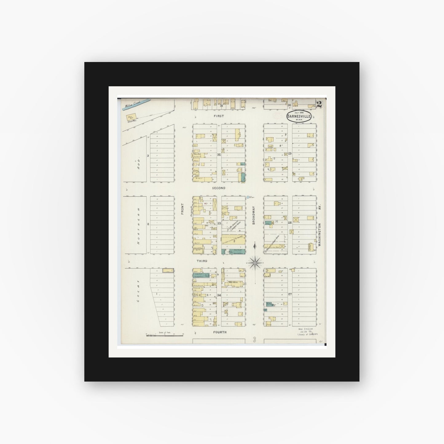 Old map wall art mockup — black gallery frame with white mat — Sanborn Fire Insurance Map from Barnesville, Clay County, Minnesota (1894), Sheet #0002