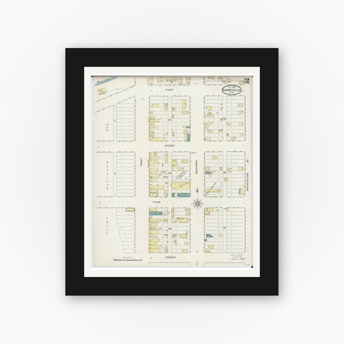 Old map wall art mockup — black gallery frame with white mat — Sanborn Fire Insurance Map from Barnesville, Clay County, Minnesota (1894), Sheet #0002
