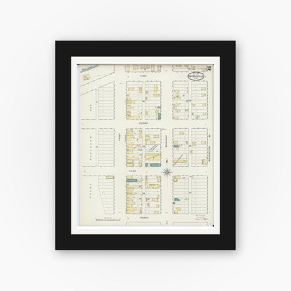 Old map wall art mockup — black gallery frame with white mat — Sanborn Fire Insurance Map from Barnesville, Clay County, Minnesota (1894), Sheet #0002