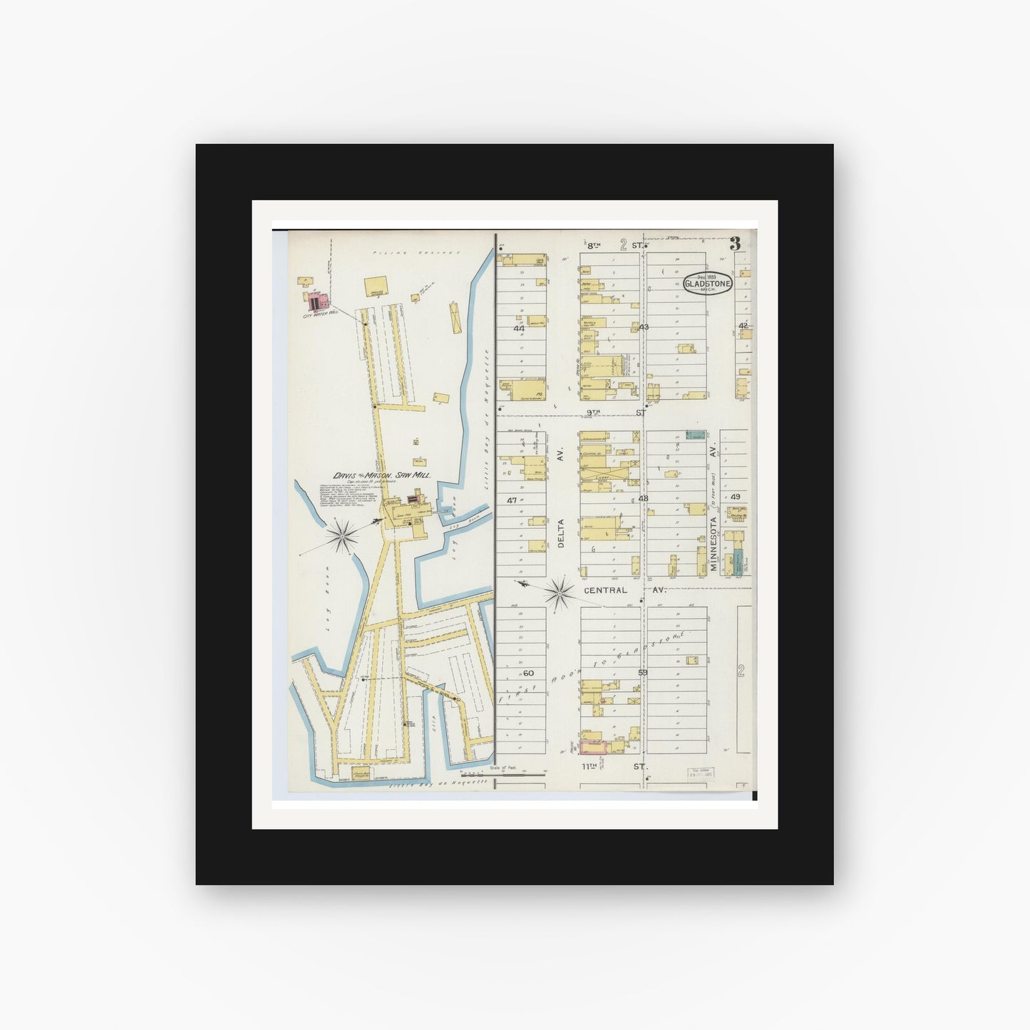 Old map wall art mockup — black gallery frame with white mat — Sanborn Fire Insurance Map from Gladstone, Delta County, Michigan (1893), Sheet #0003
