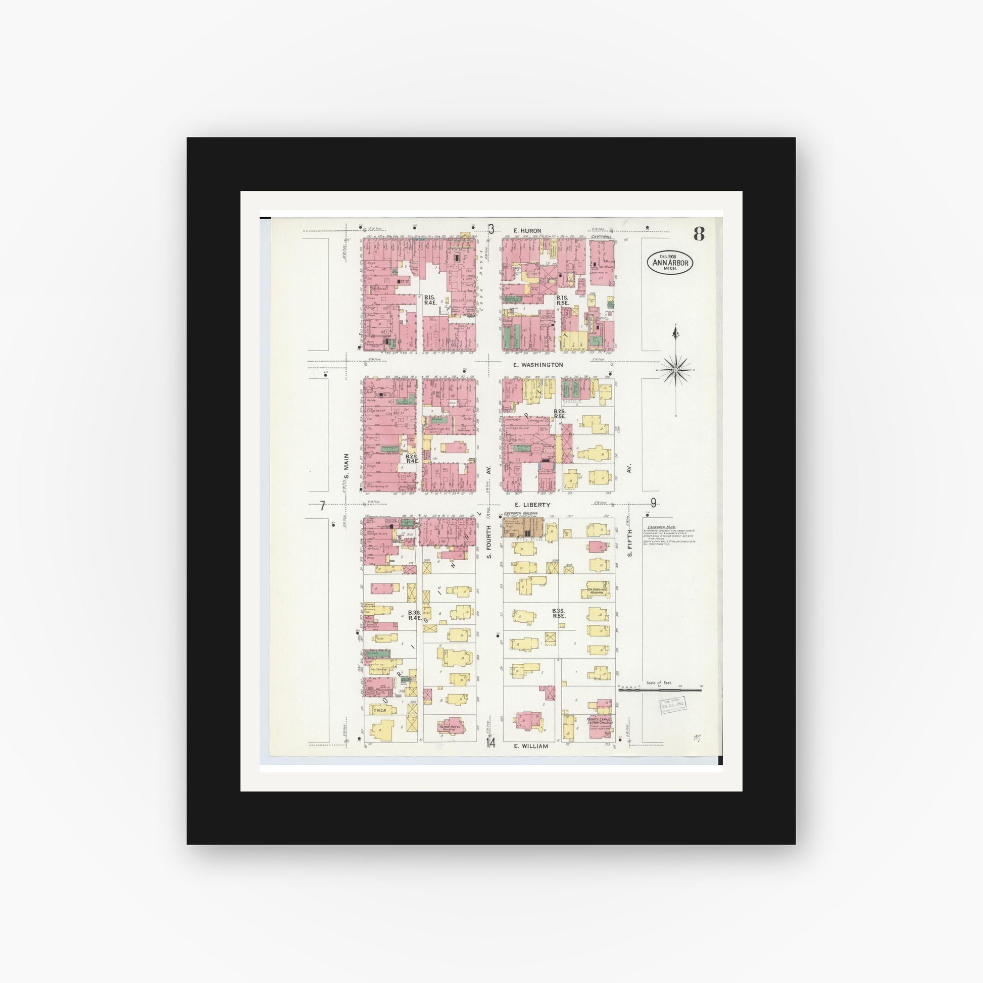 Old map wall art mockup — black gallery frame with white mat — Sanborn Fire Insurance Map from Ann Arbor, Washtenaw County, Michigan (1908), Sheet #0008
