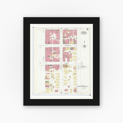 Old map wall art mockup — black gallery frame with white mat — Sanborn Fire Insurance Map from Ann Arbor, Washtenaw County, Michigan (1908), Sheet #0008