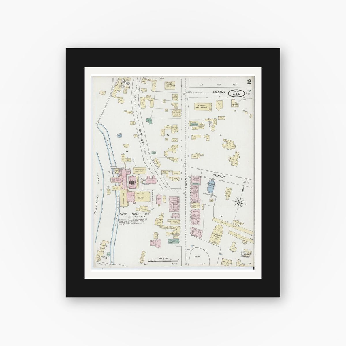 Old map wall art mockup — black gallery frame with white mat — Sanborn Fire Insurance Map from Lee, Berkshire County, Massachusetts (1889), Sheet #0002