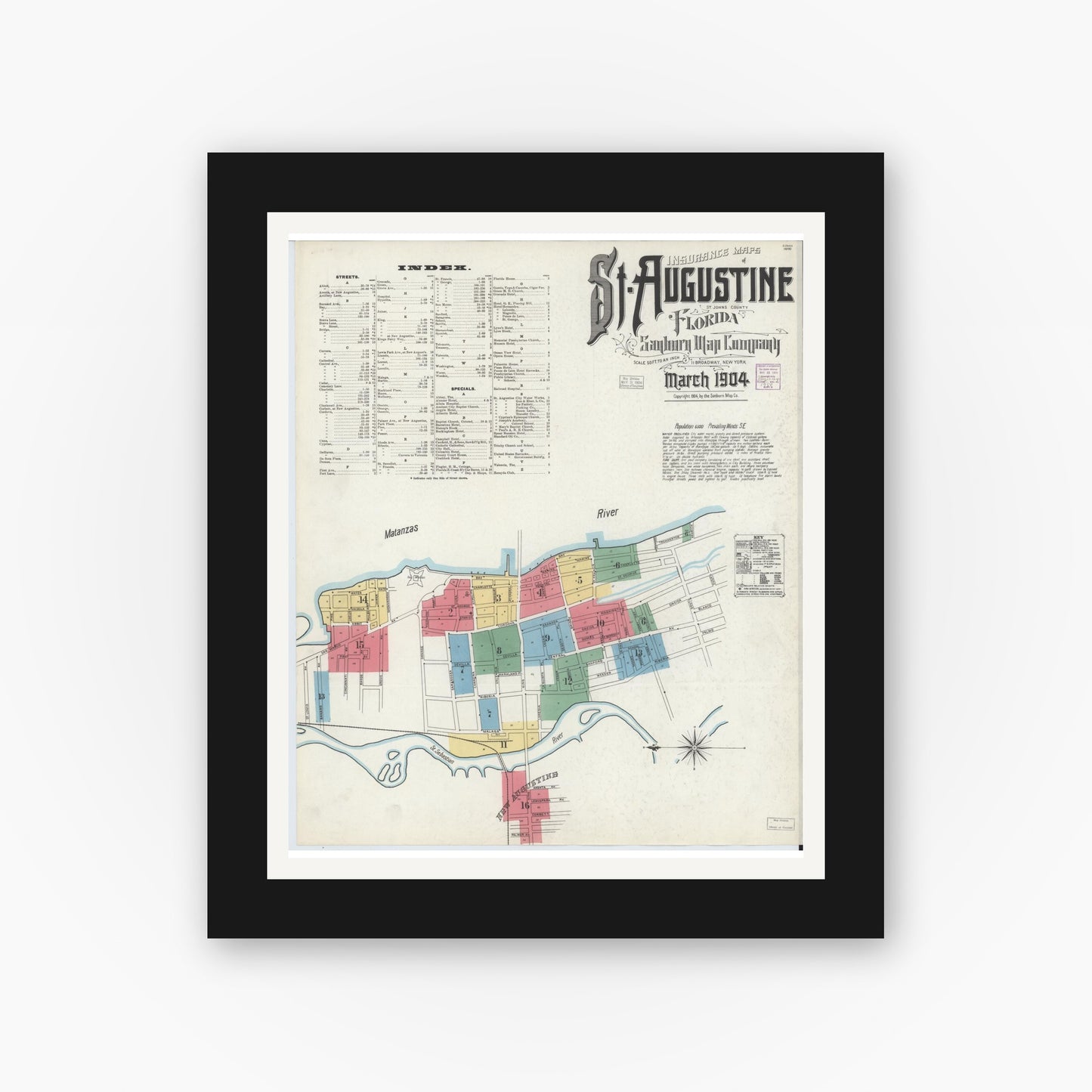 Old map wall art mockup — black gallery frame with white mat — Sanborn Fire Insurance Map from Saint Augustine, Saint John's County, Florida (1904), Sheet #0001
