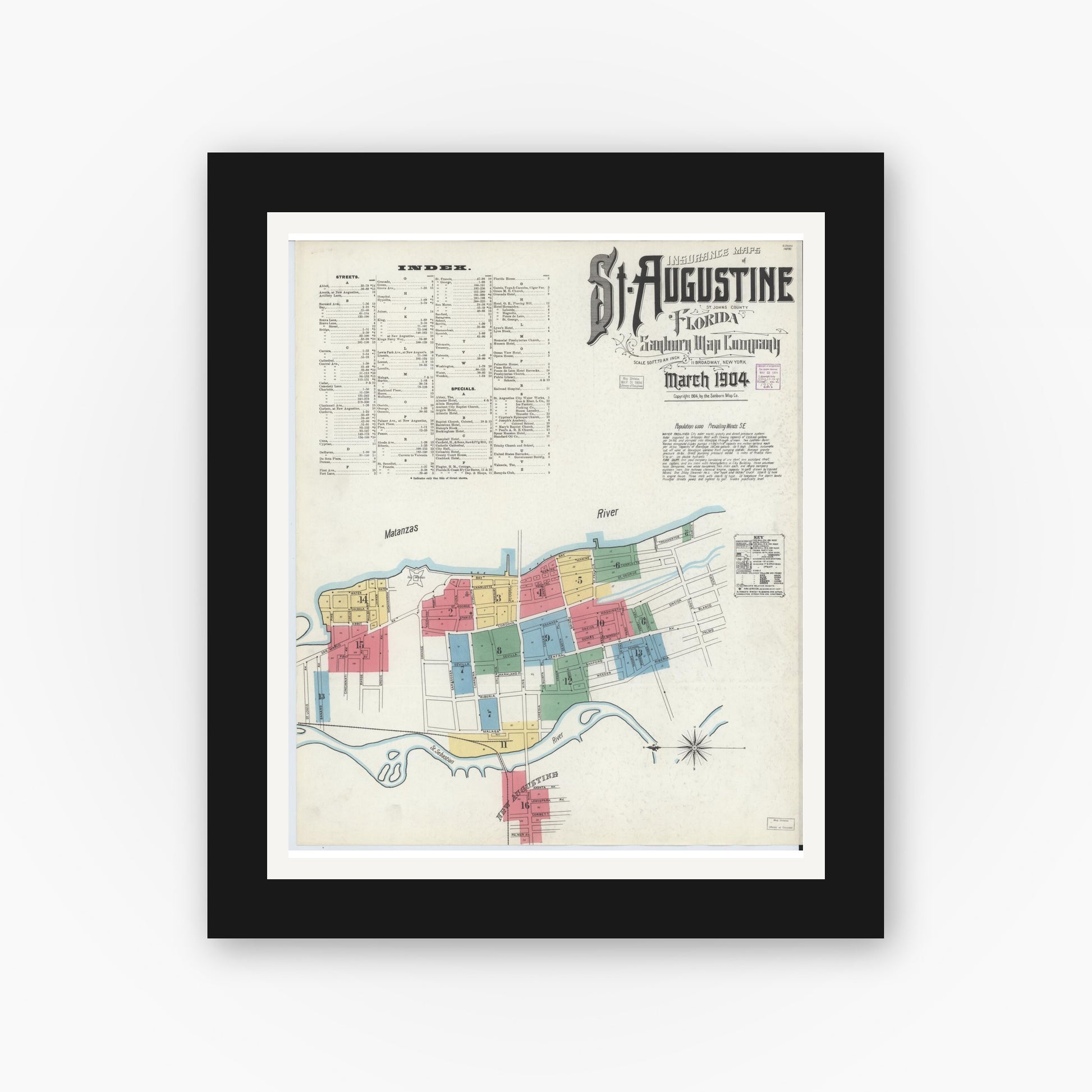Old map wall art mockup — black gallery frame with white mat — Sanborn Fire Insurance Map from Saint Augustine, Saint John's County, Florida (1904), Sheet #0001