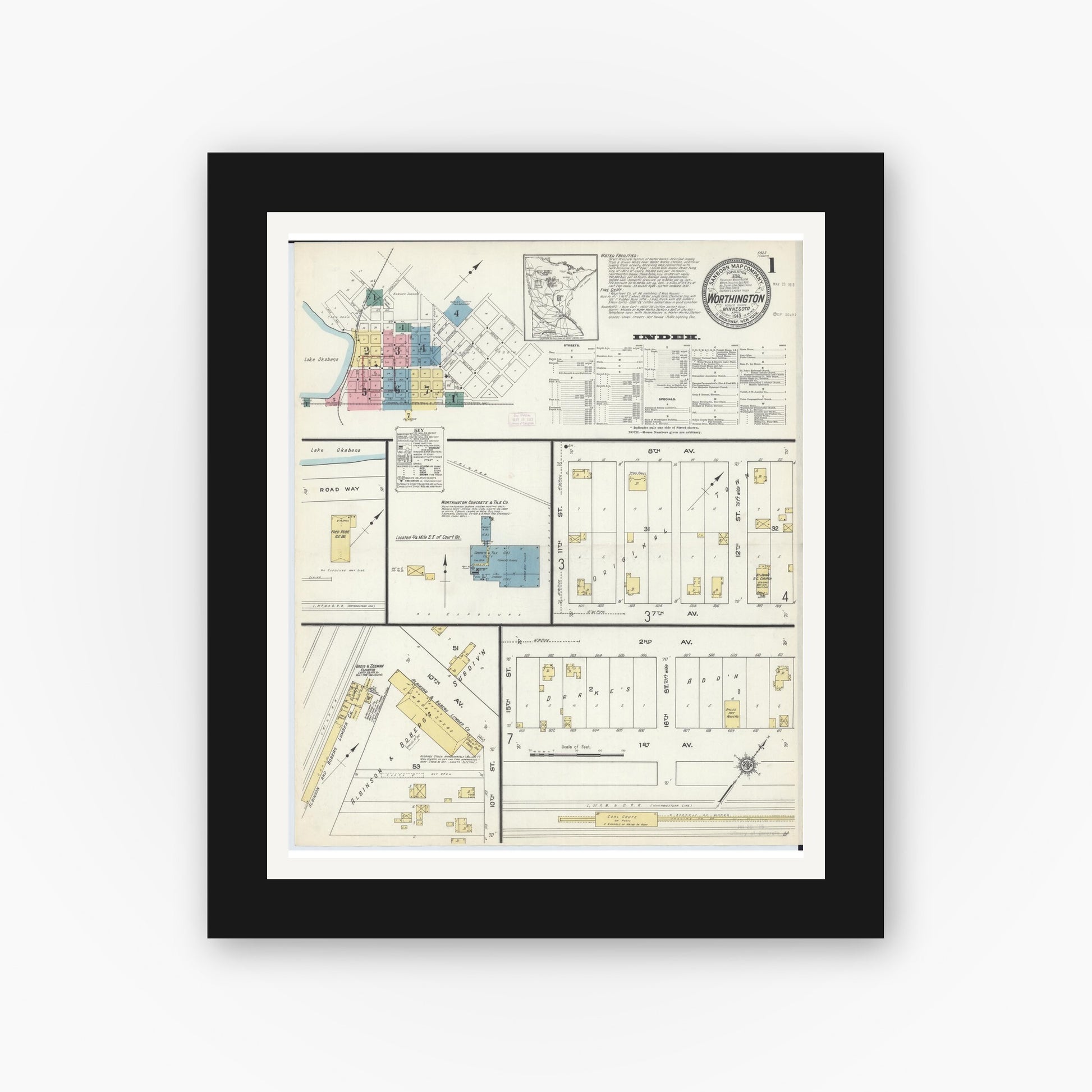 Old map wall art mockup — black gallery frame with white mat — Sanborn Fire Insurance Map from Worthington, Nobles County, Minnesota (1913) - Complete Map Set