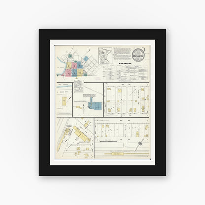 Old map wall art mockup — black gallery frame with white mat — Sanborn Fire Insurance Map from Worthington, Nobles County, Minnesota (1913) - Complete Map Set