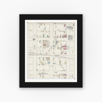 Old map wall art mockup — black gallery frame with white mat — Sanborn Fire Insurance Map from Shakopee, Scott County, Minnesota (1884), Sheet #0002